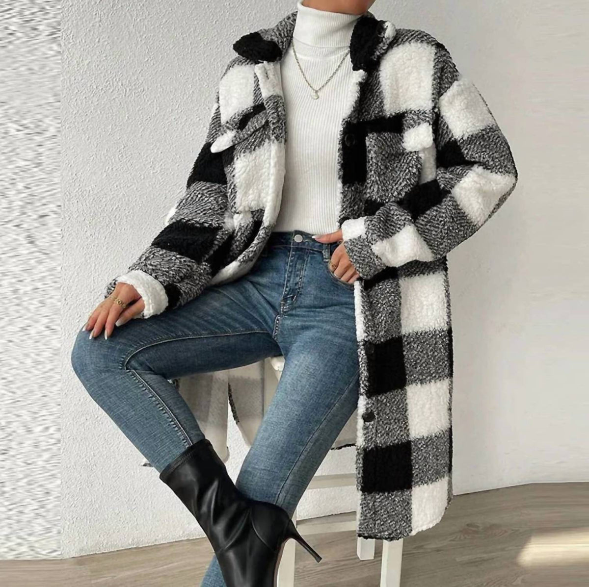 Lapel Plush Plaid Shacket