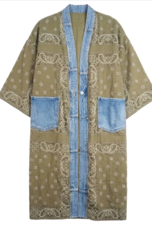 shannon passero Women's Upcycled Denim Bandana Print Cardigan Kimono in Olive - view 2
