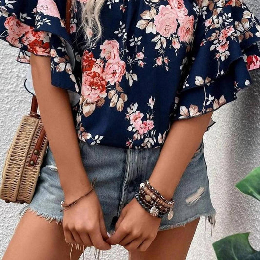 Ruffle Off Shoulder Flounce Sleeve Floral Blouse