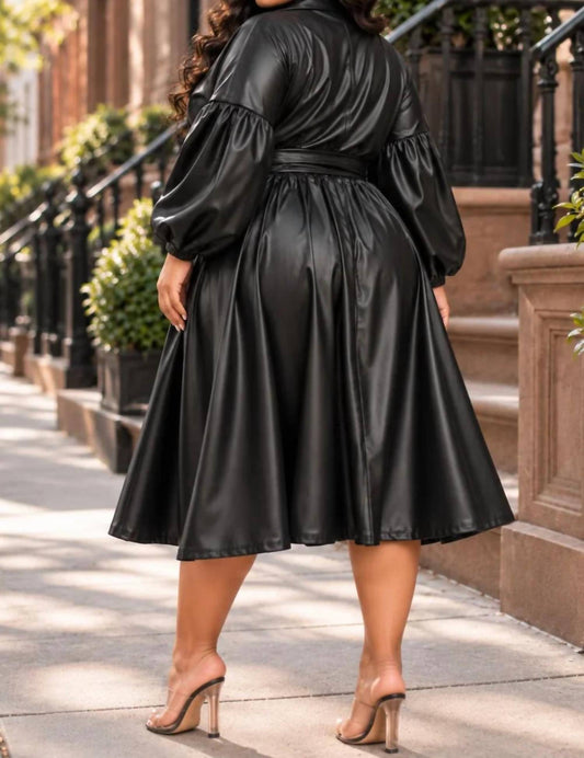 Victoria Plus Size Vegan Leather Belted Fit & Flare Midi Dress