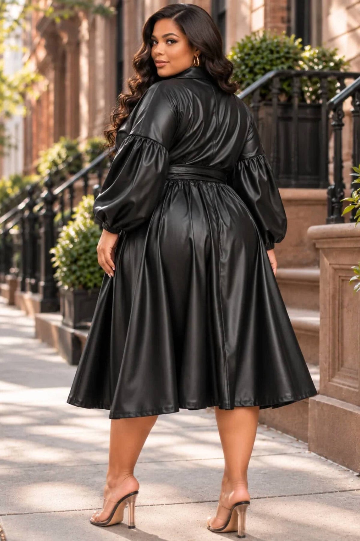 Victoria Plus Size Vegan Leather Belted Fit & Flare Midi Dress