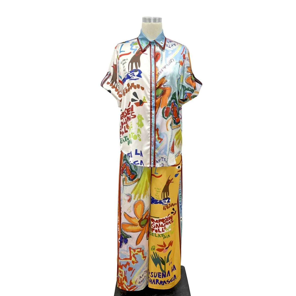 Women's Colorful Graphic Print Short Sleeve Top And Wide Leg Pants Set