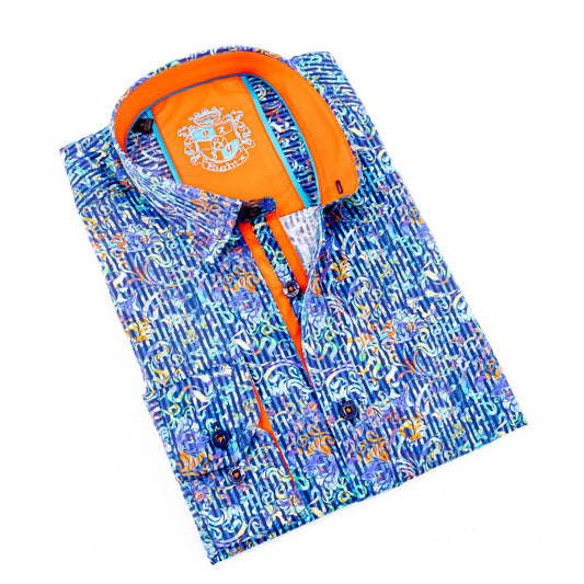 Men's Stripes Print Design Button Down Shirt With Solid Trim