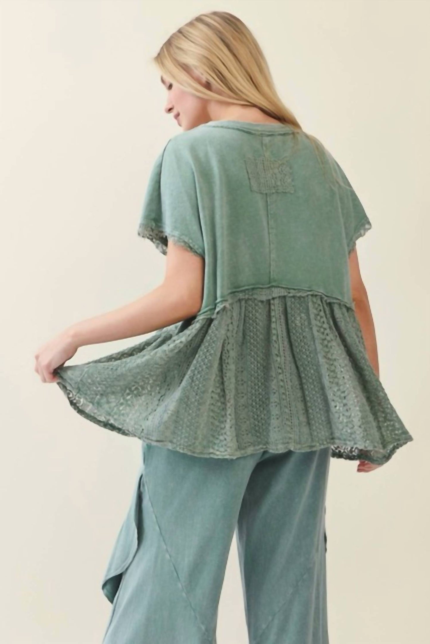 Mineral Washed Lace Babydoll Blouse Top