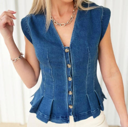 Button Down Sleeveless Peplum Top