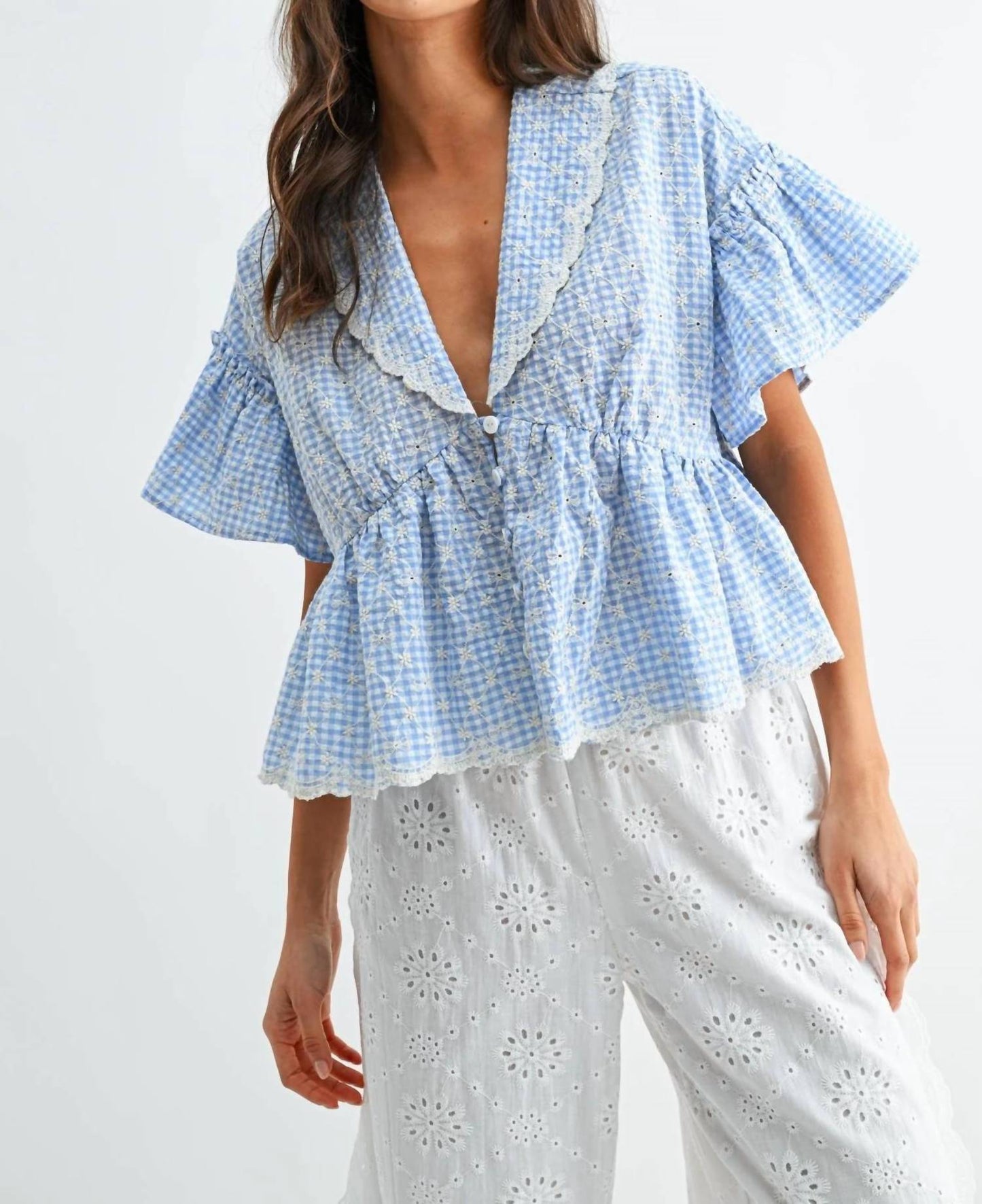 Sky Button Front Short Sleeve Top