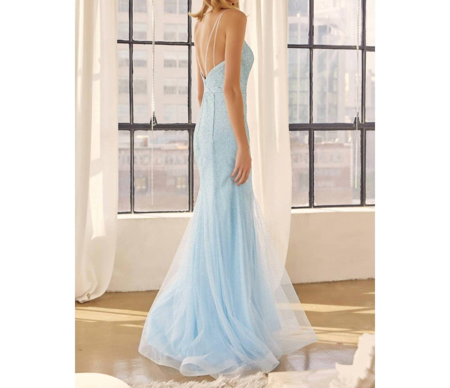 Glitter Mesh Fitted Evening Prom Gown