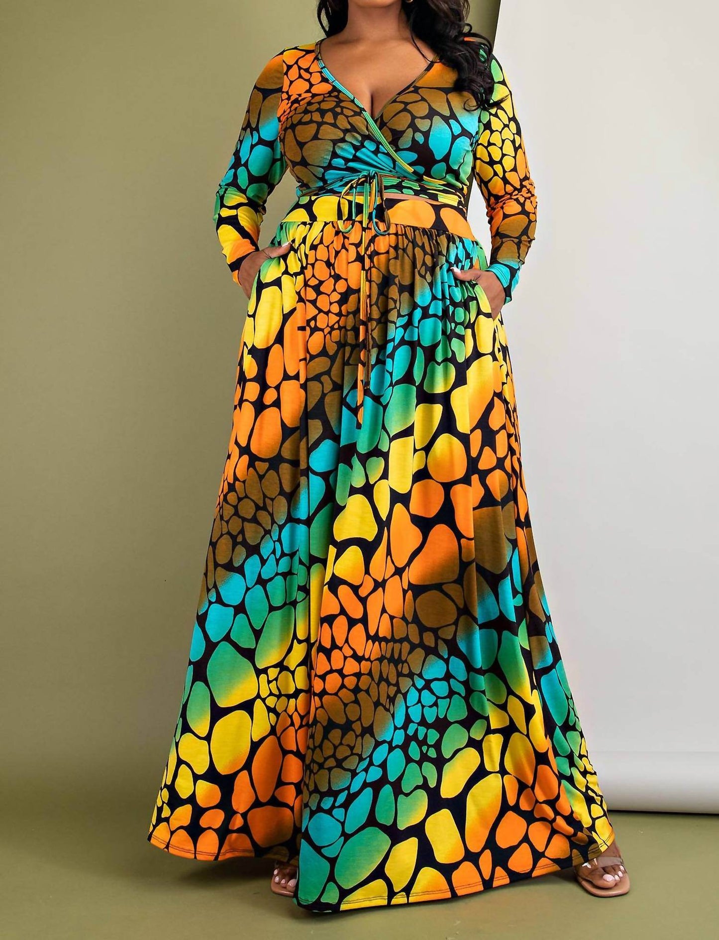 The Curve LA - Plus Size Long Sleeve Surplice Wrap Top And Maxi Skirt Set - Rack Hunt -