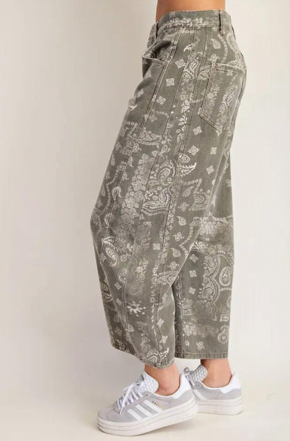 Maggie Mineral Washed Paisley Printed Barrel Jeans