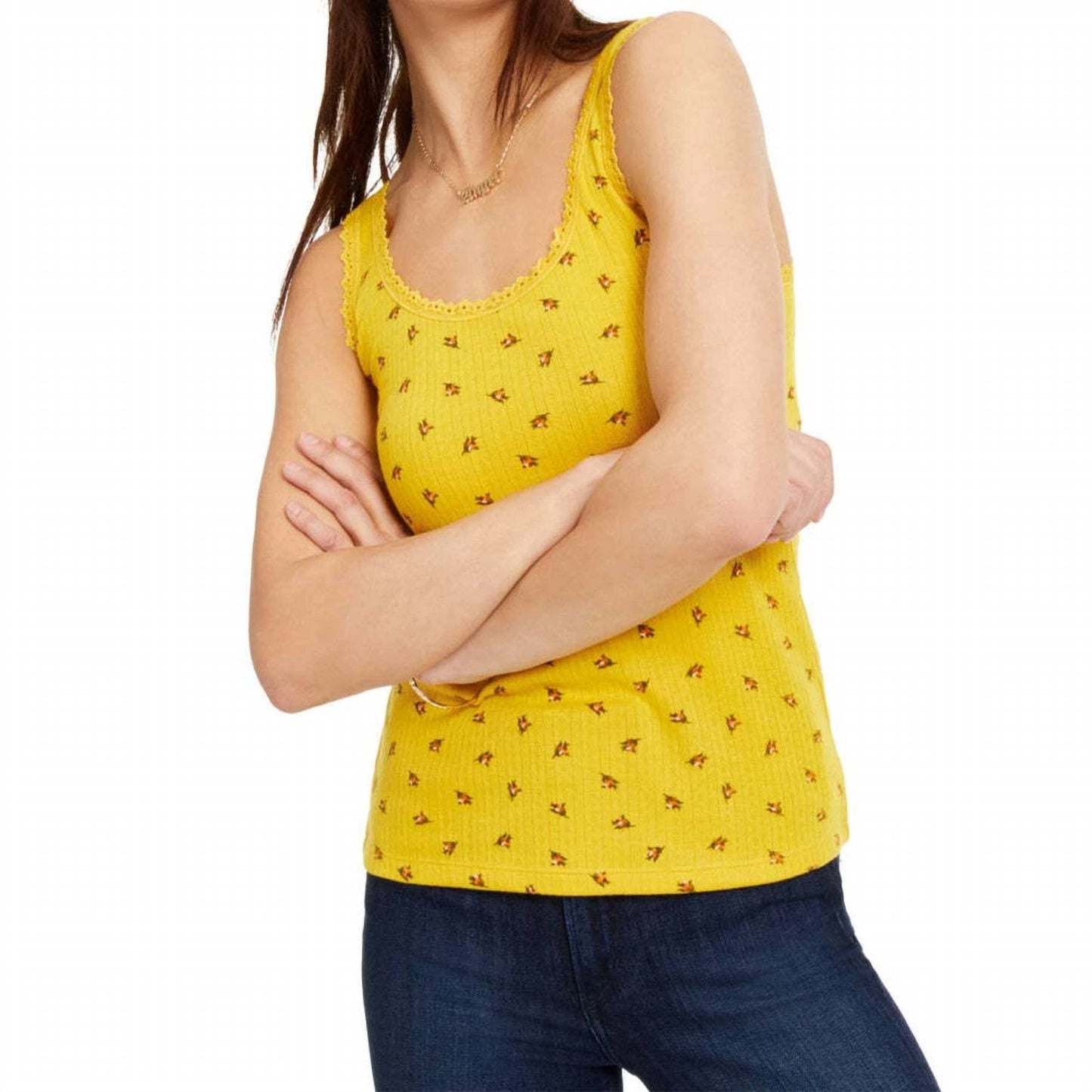 Juniors Printed Lace Trimmed Pointelle Tank Top