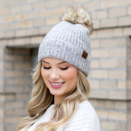 Women's Soft Ribbed Fur Pom Beanie
