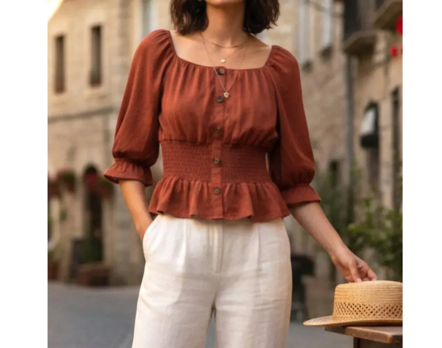 Meraki Out West - Button Accent Cinched Waist Knit Boho Blouse - Rack Hunt