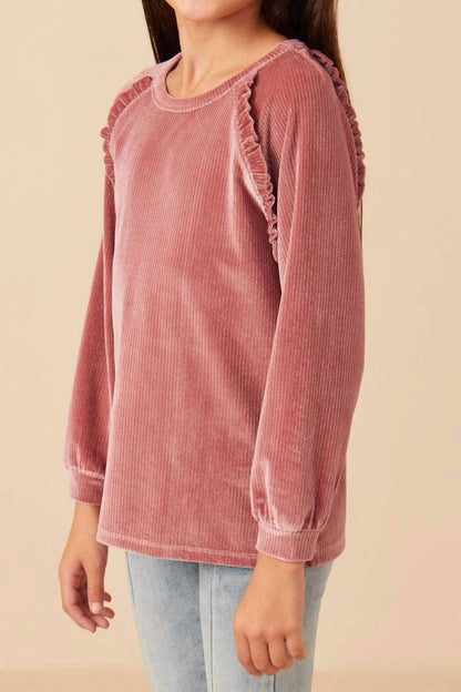 Girl's Ruffled Raglan Seam Brushed Rib Top