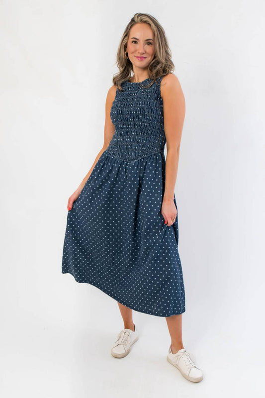 Southern Roots Denim Polka Dot Midi Dress