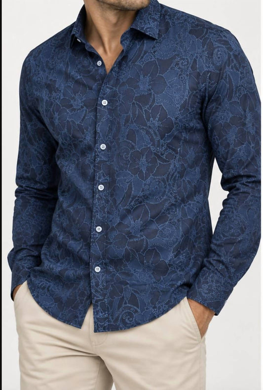 Eight X Men's Tonal Floral Print Denim Long Sleeve Shirt in Navy/Midnight Navy
