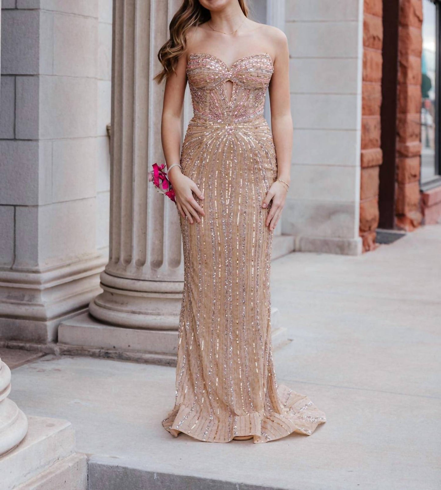 Glamorous Strapless Sequin Prom Dress