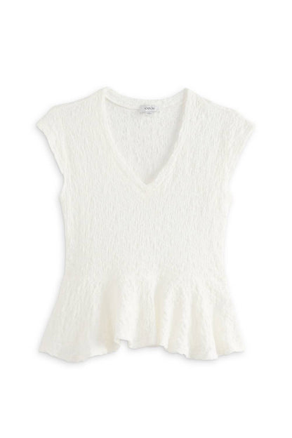 V Neck Puckered Knit Peplum Tee