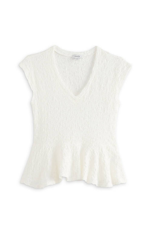 V Neck Puckered Knit Peplum Tee