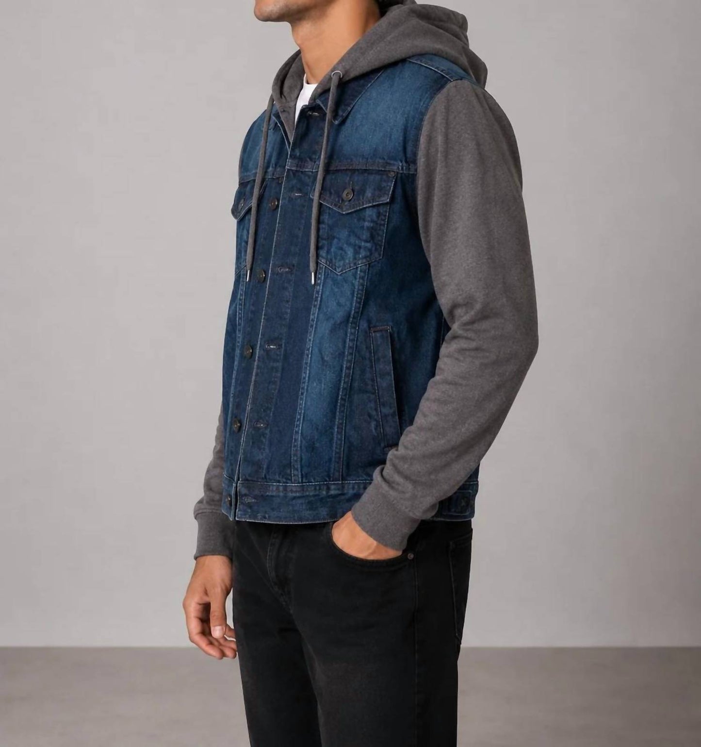 Men's Denim Hooded Jacket With Knitted Sleeves