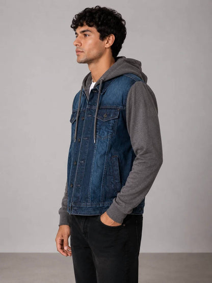 Men's Denim Hooded Jacket With Knitted Sleeves