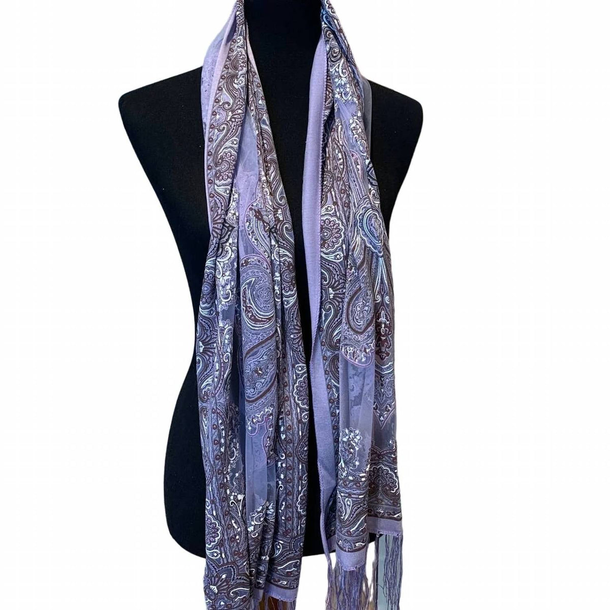 Women's Floral Paisley Silver Glitter Fringed Sheer Lightweight Fashion Scarf