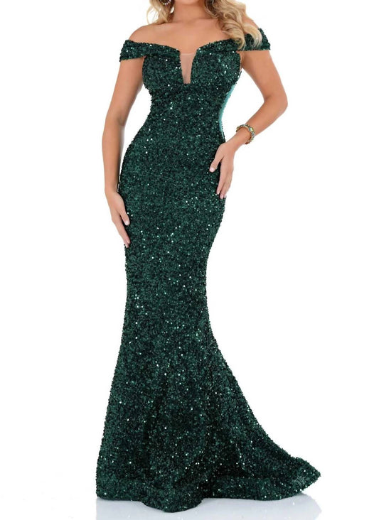 Fully Sequined Off-shoulder Fitted Mermaid Gown