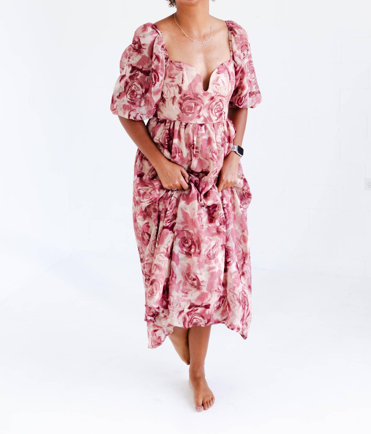 Women's Floral Textured Jacquared Midi Dress