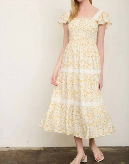 Floral Lace Trim Smocked Tiered Midi Dress