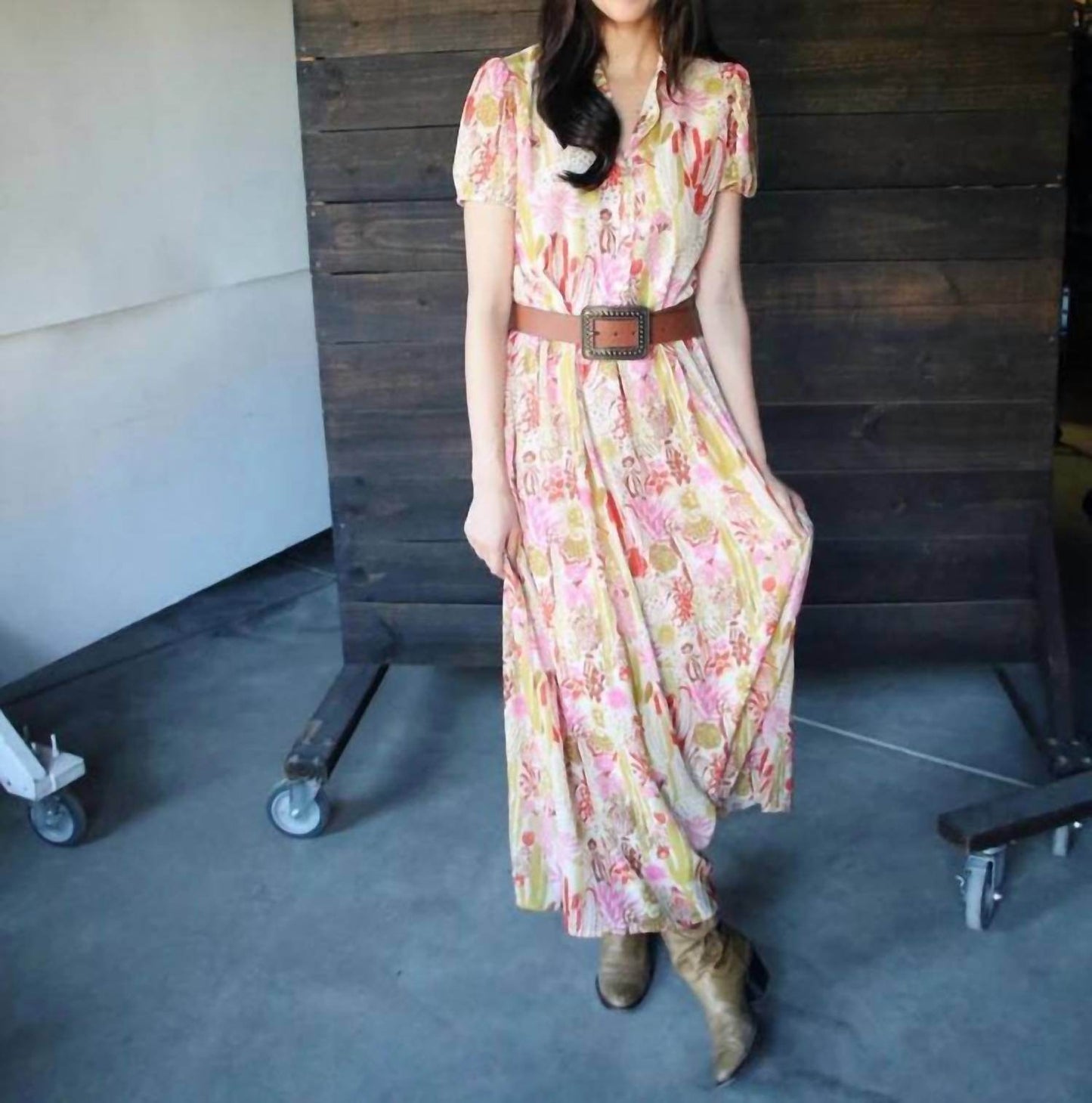 Turquoise Haven - Western-inspired Maxi Dress With Cactus Print - Rack Hunt