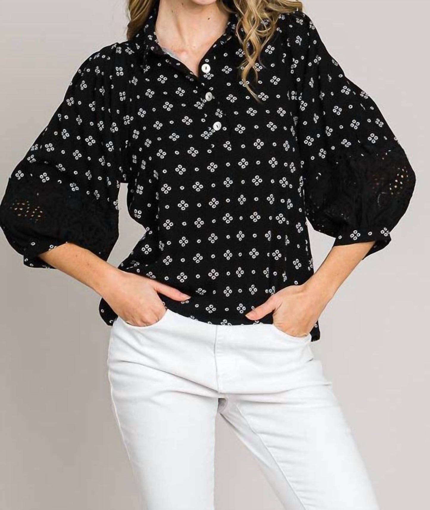Bracelet Sleeve with Embroidered Eyelet Lace Trim Blouse