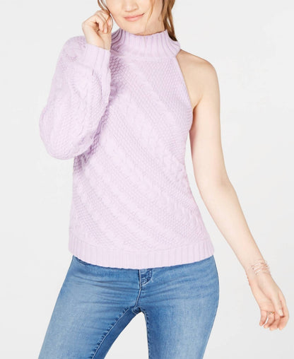 Asymmetric Cable One Shoulder Turtle Neck Sweater