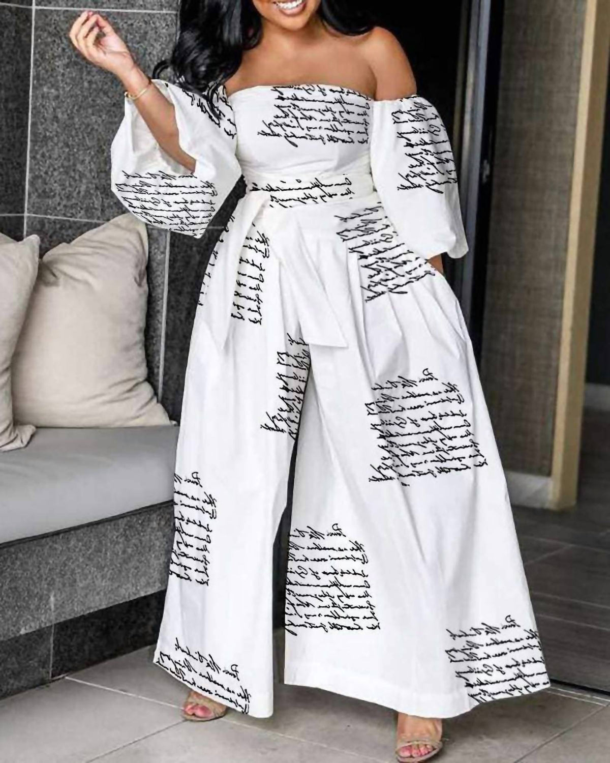 Off Shoulder Lantern Sleeve Wide Leg Jumpsuit