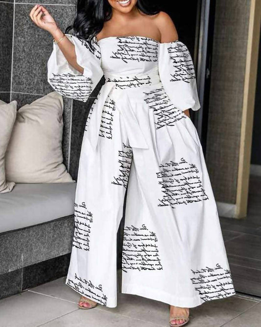 Off Shoulder Lantern Sleeve Wide Leg Jumpsuit