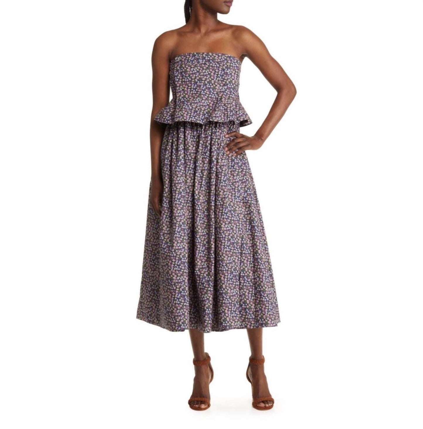 Nackiye - Women's Floral Ditsy Pintuck Peplum Strapless Midi Dress - Rack Hunt -