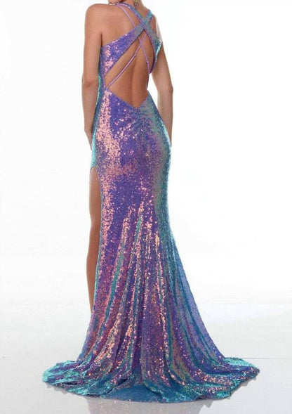 Sleeveless Sequined High Slit Gown