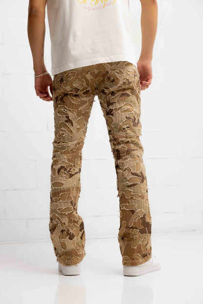 Franco Camo Shredded Denim Flare Jeans