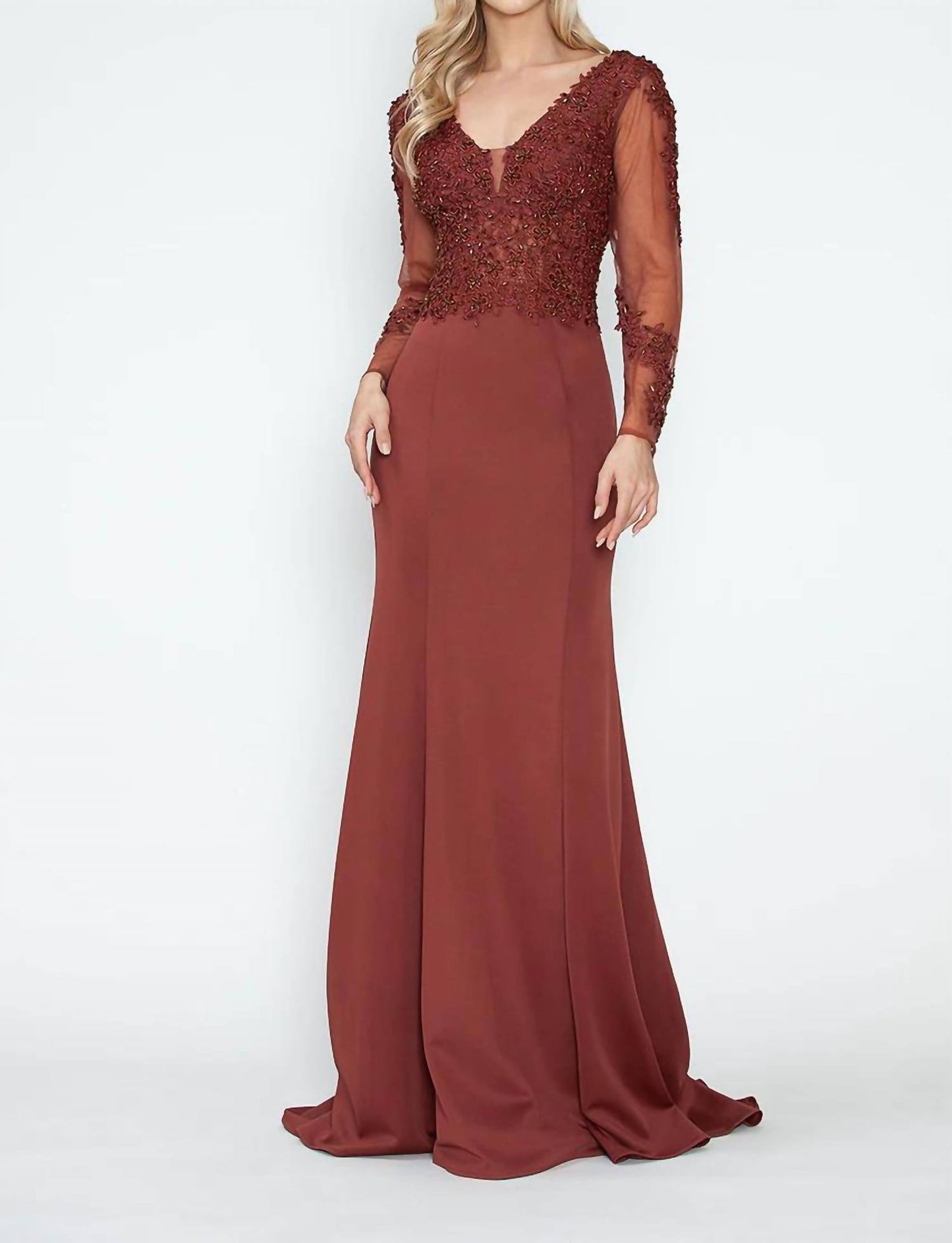 Mother Of The Bride Long Sleeve Beaded Evening Gown