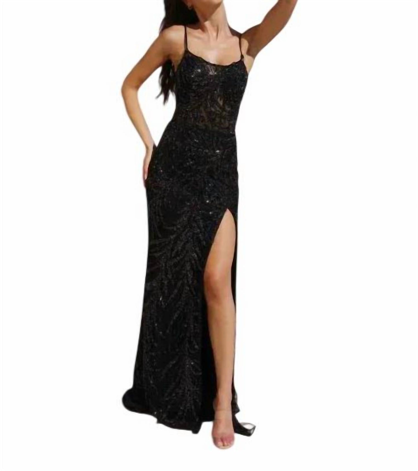 Scoop Neckline Beaded Sheath Slit Dress