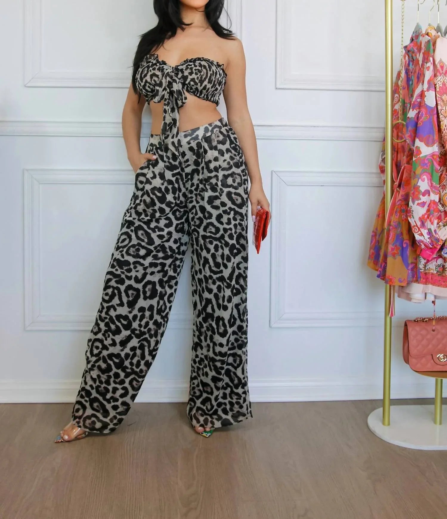 Little Secret Of Mine - Women's Into The Wild Animal Sleeveless Tie Crop Wide Leg Pant Set - detail view - Rack Hunt