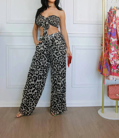 Little Secret Of Mine - Women's Into The Wild Animal Sleeveless Tie Crop Wide Leg Pant Set - detail view - Rack Hunt