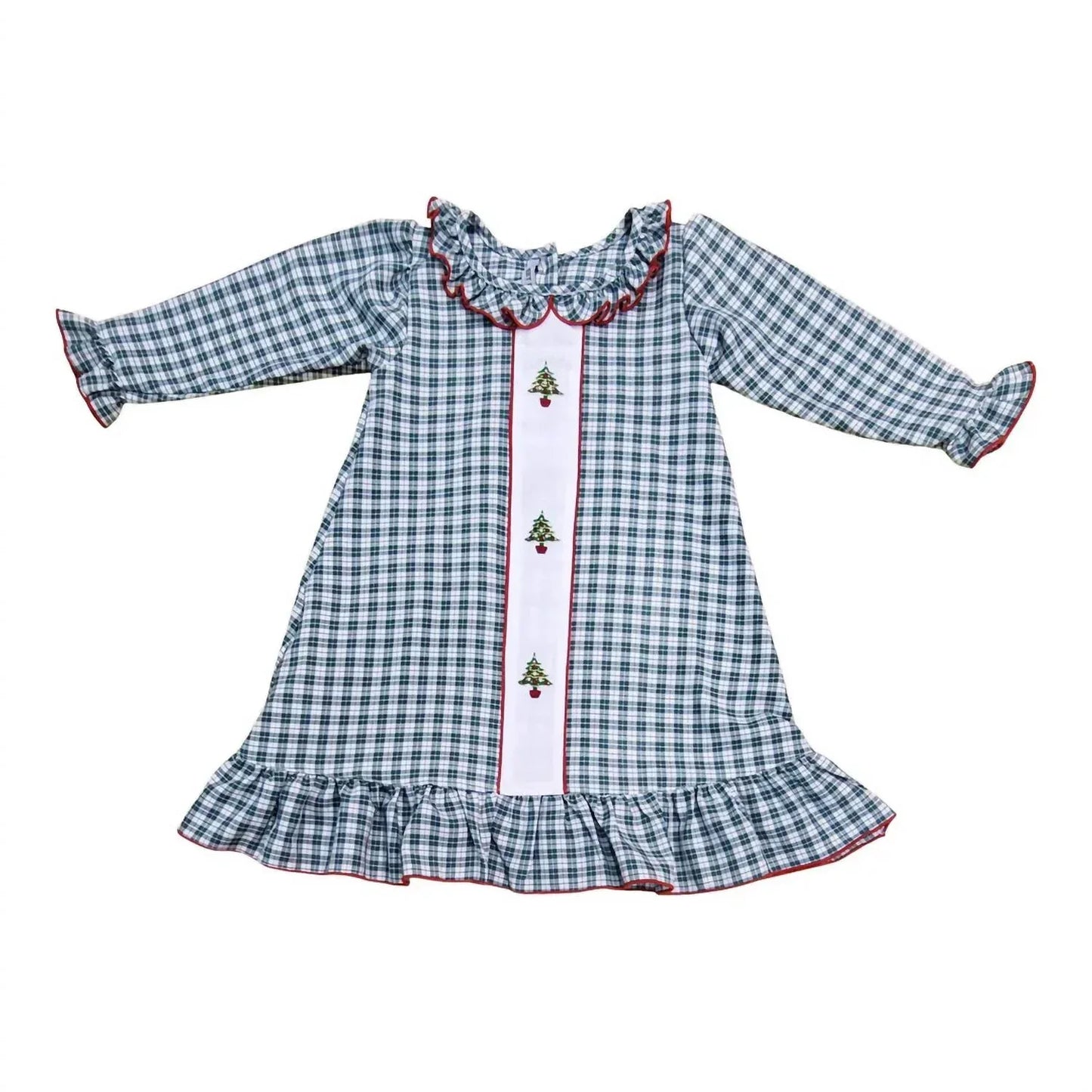 Muguet Collection - Girl's Christmas Tree Embroidered Plaid Nightgown - Rack Hunt