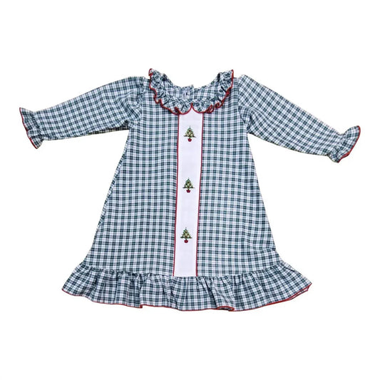 Muguet Collection - Girl's Christmas Tree Embroidered Plaid Nightgown - Rack Hunt