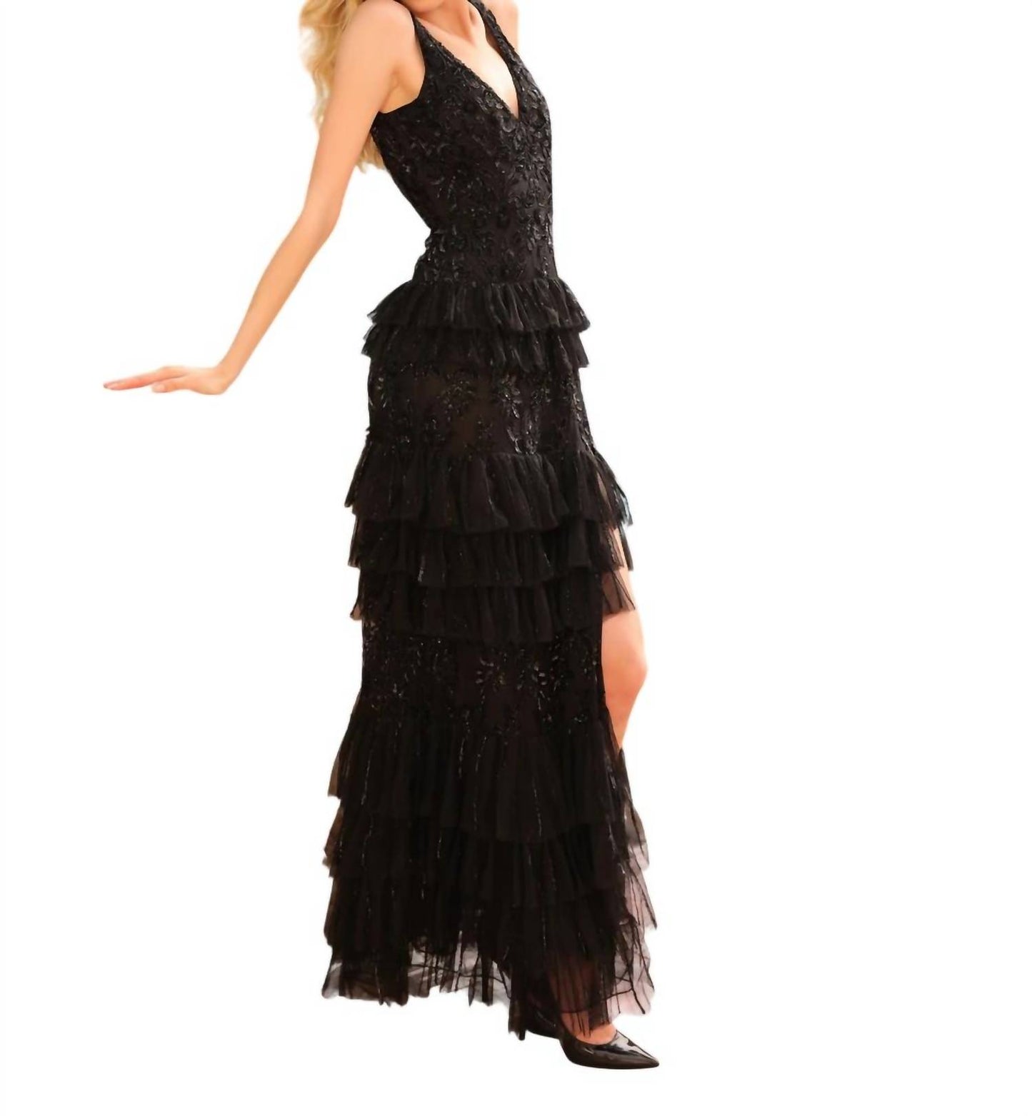 Beaded Long Ruffled Prom Dress