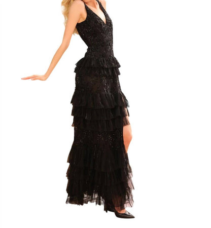 Beaded Long Ruffled Prom Dress