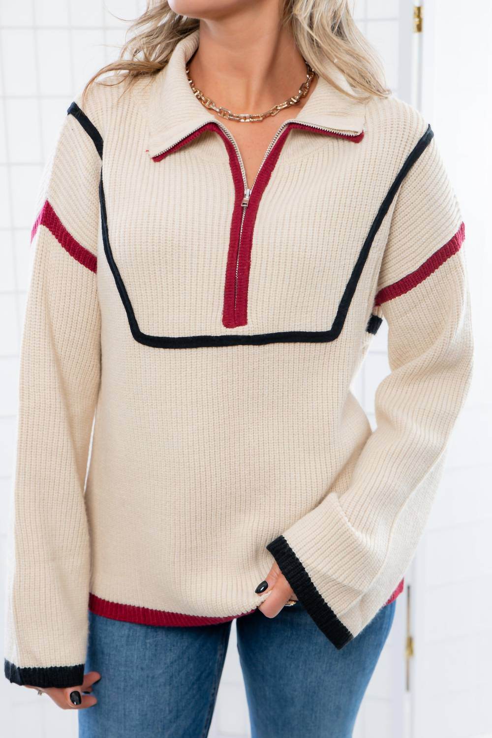 Lula the Label - Quarterback Keeper Contrast Quarter Zip Sweater - Rack Hunt