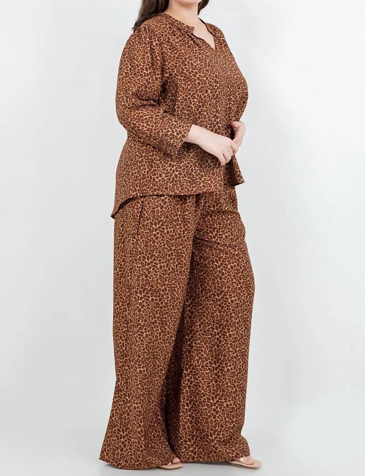 Band Collar Blouse With Smocked Sleeve - Plus