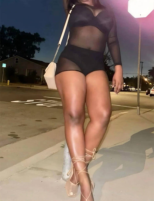 You Need Me Stretchy Mesh Bodysuit Short Set