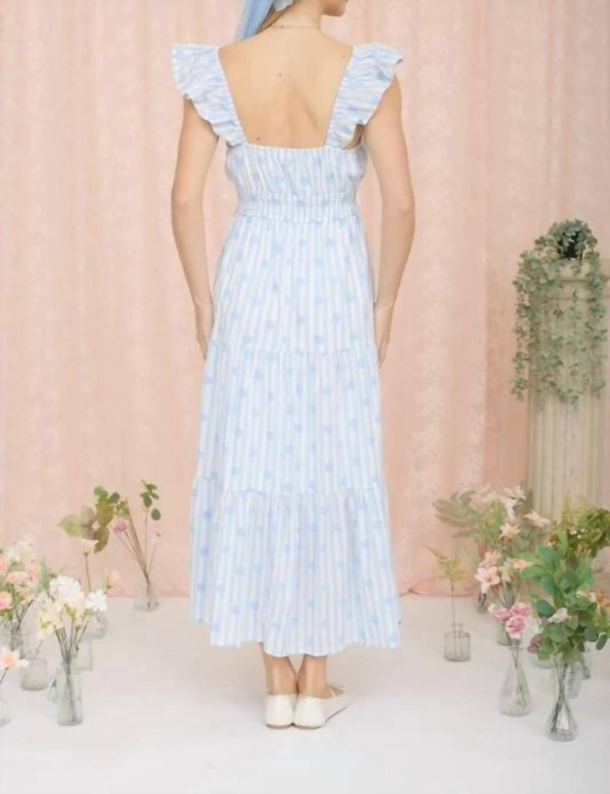 Stripe Floral Flounce Strap Tiered Midi Dress