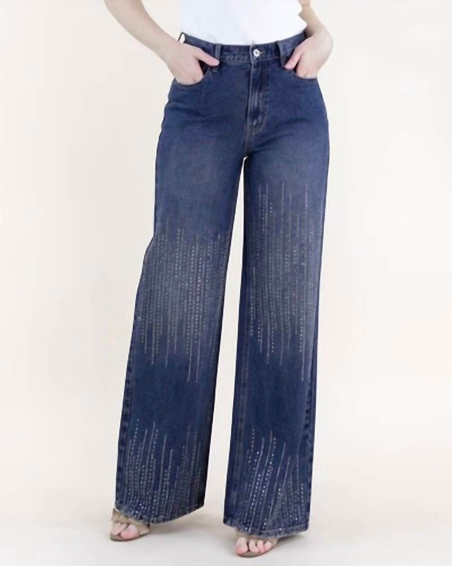 Original USA - Square Rhinestone Lines Embellished High Rise Wide Leg Jeans Plus - Rack Hunt -