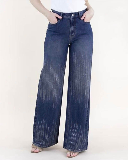 Original USA - Square Rhinestone Lines Embellished High Rise Wide Leg Jeans Plus - Rack Hunt -